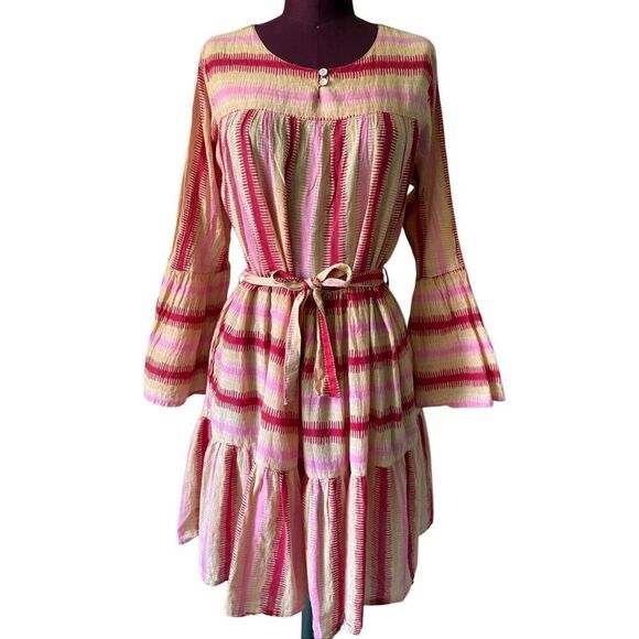 Cece Cabana Striped Cotton Long Sleeve Belted Dress S M Pink Yellow - Picture 2 of 9